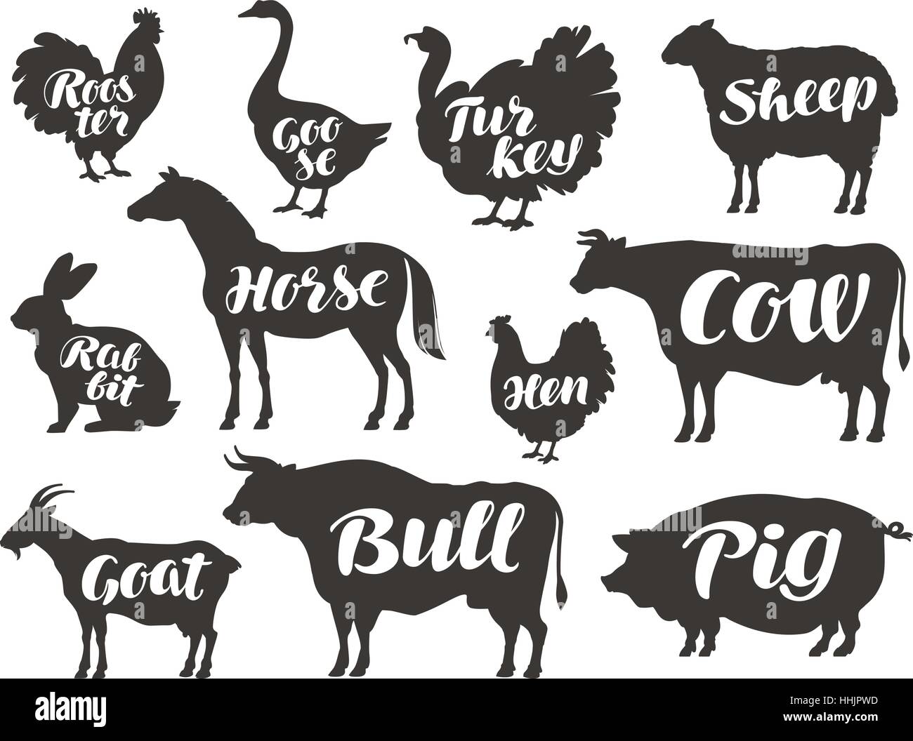 Farm animals. Collection of silhouettes. Vector illustration Stock ...