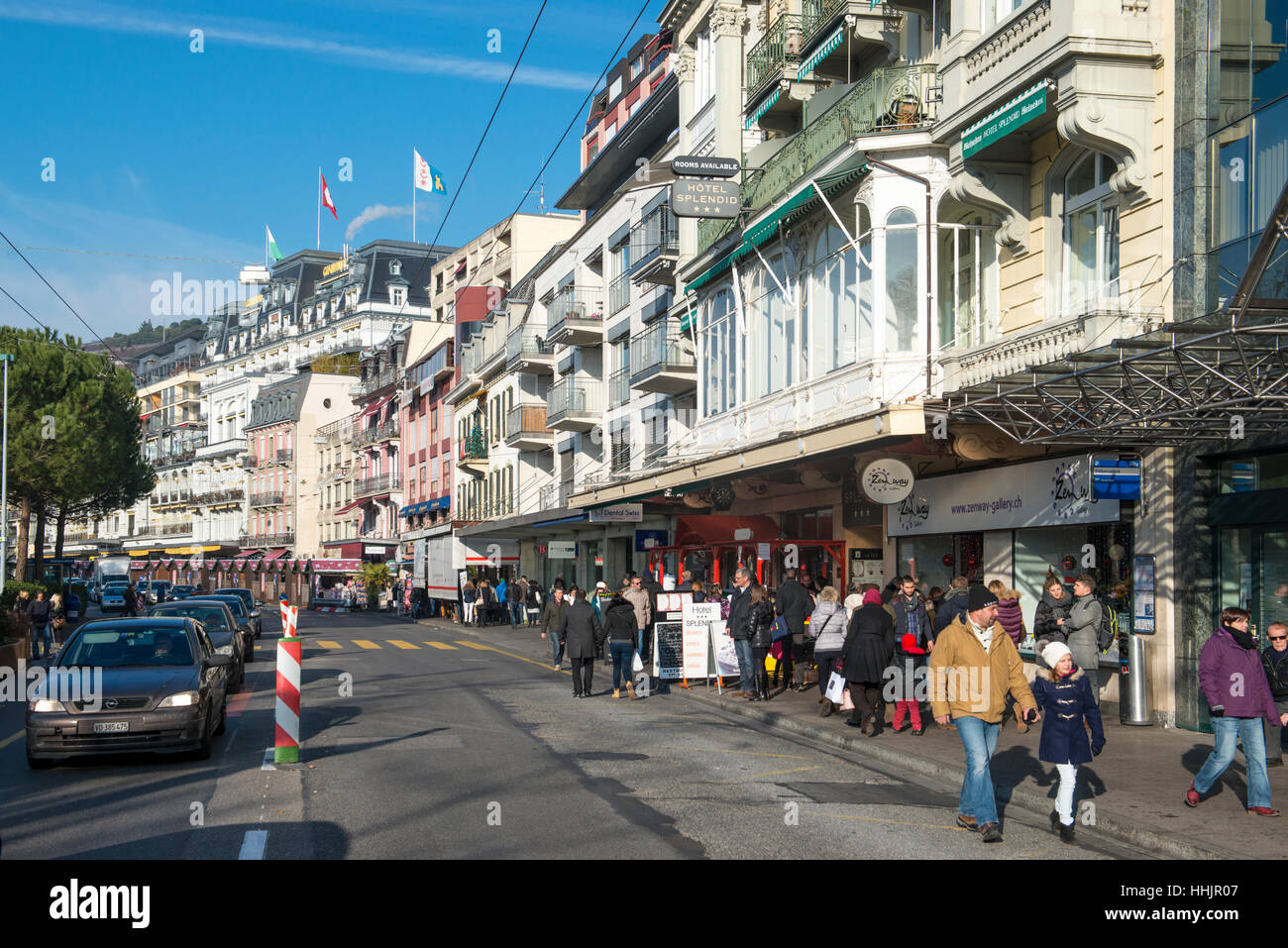 Rue de lac, people window shopping, Montreux, Switzerland Stock Photo