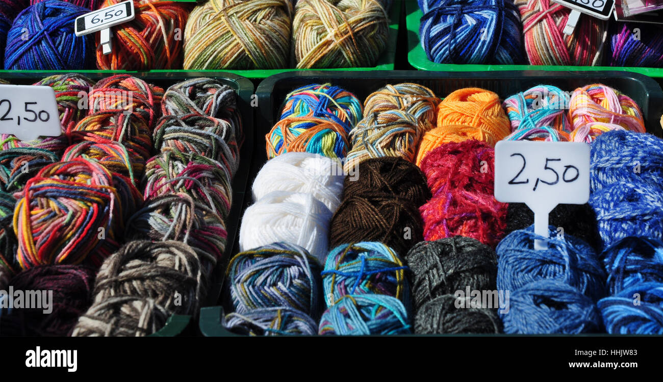 coloured, wool, knit, kiosk, ball of wool, knitting wool, weekly market, Stock Photo