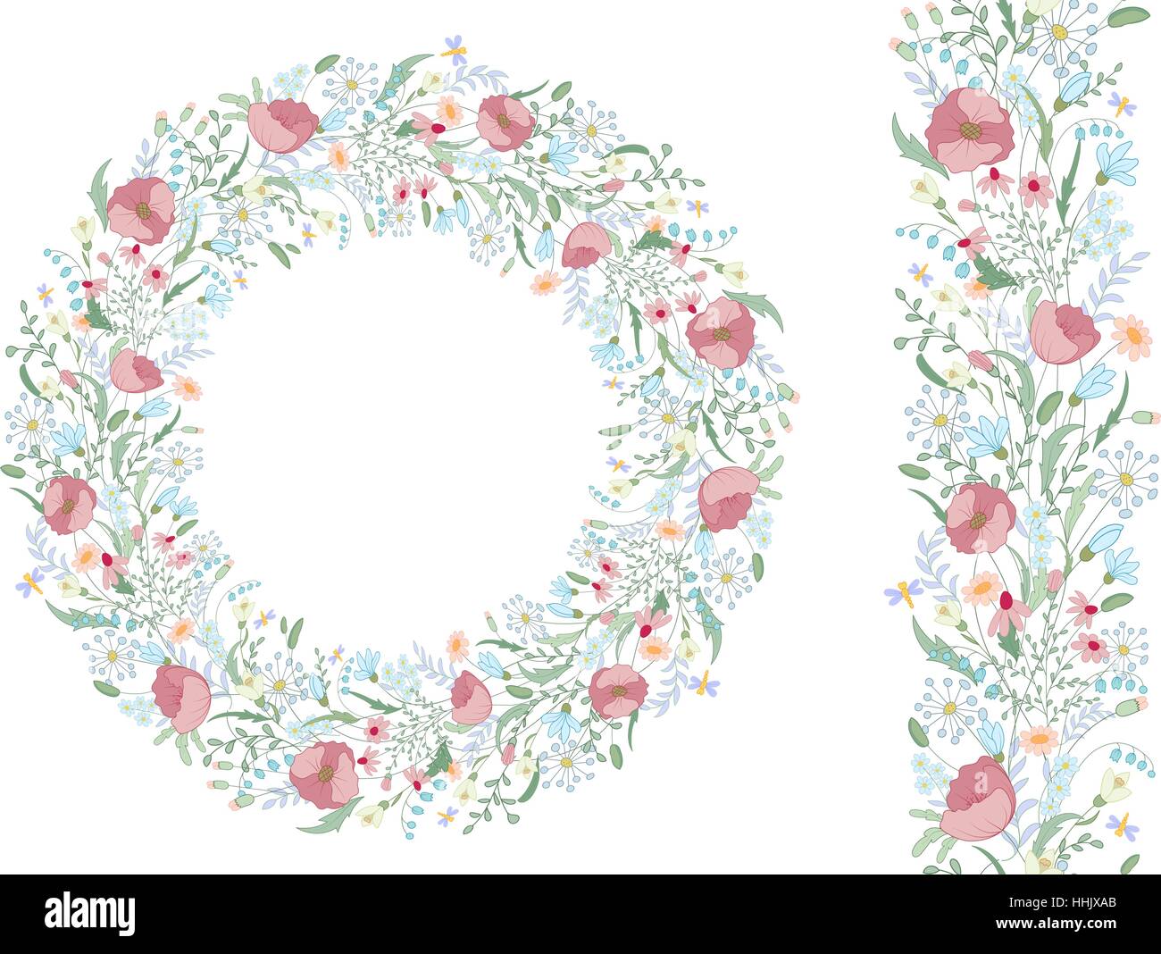 Seamless pattern brush with stylized bright summer flowers. Endless floral hand drawing texture. Wild flowers - lily, daisy, poppy and others. Flowers wreath. Circle frame. Stock Vector