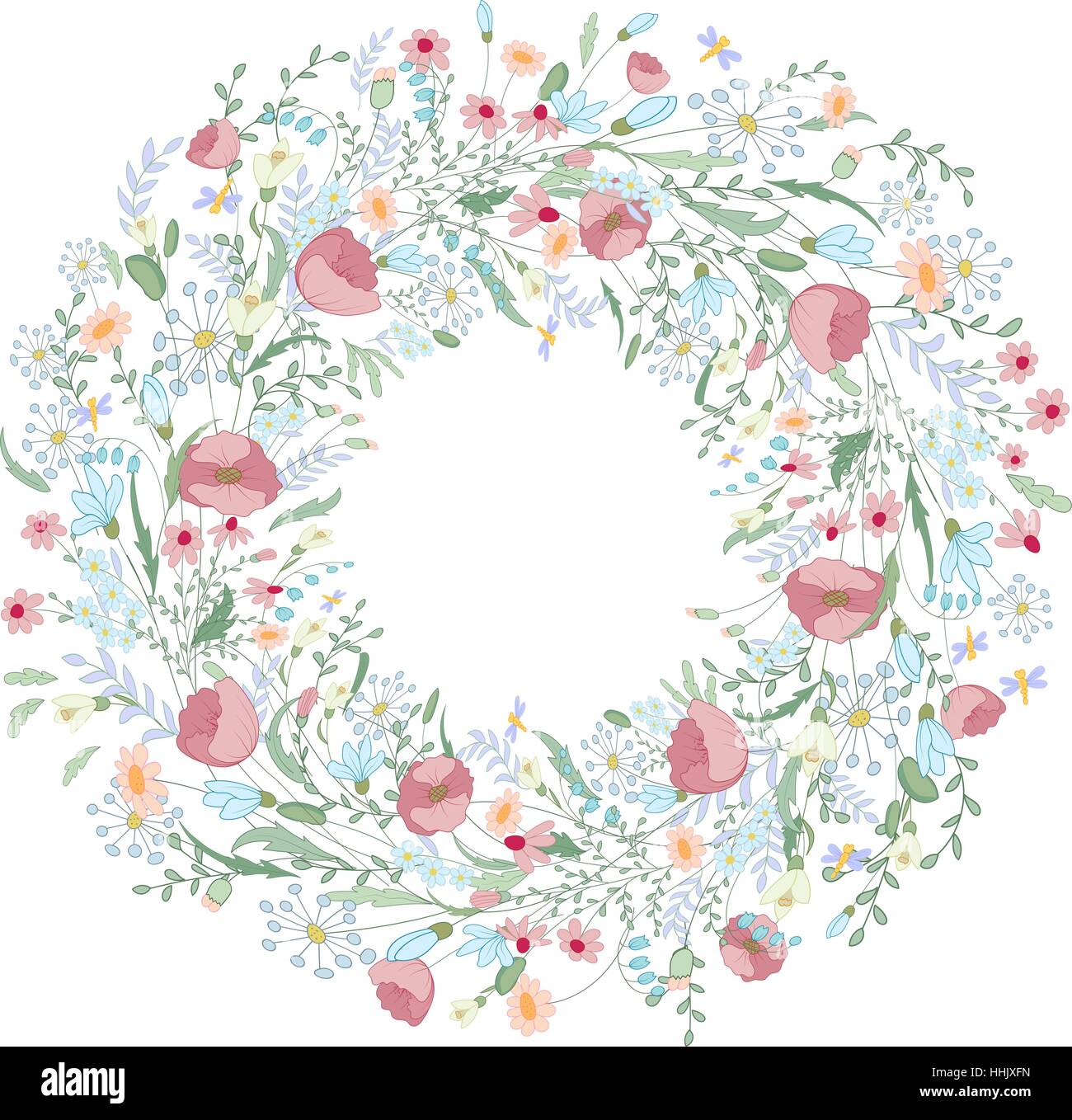 Hand drawn flowers wreath. Cute, colorful vector flowers for postcard and poster modern design. Flowers wreath, hand drawn style backgrounds. Stock Vector