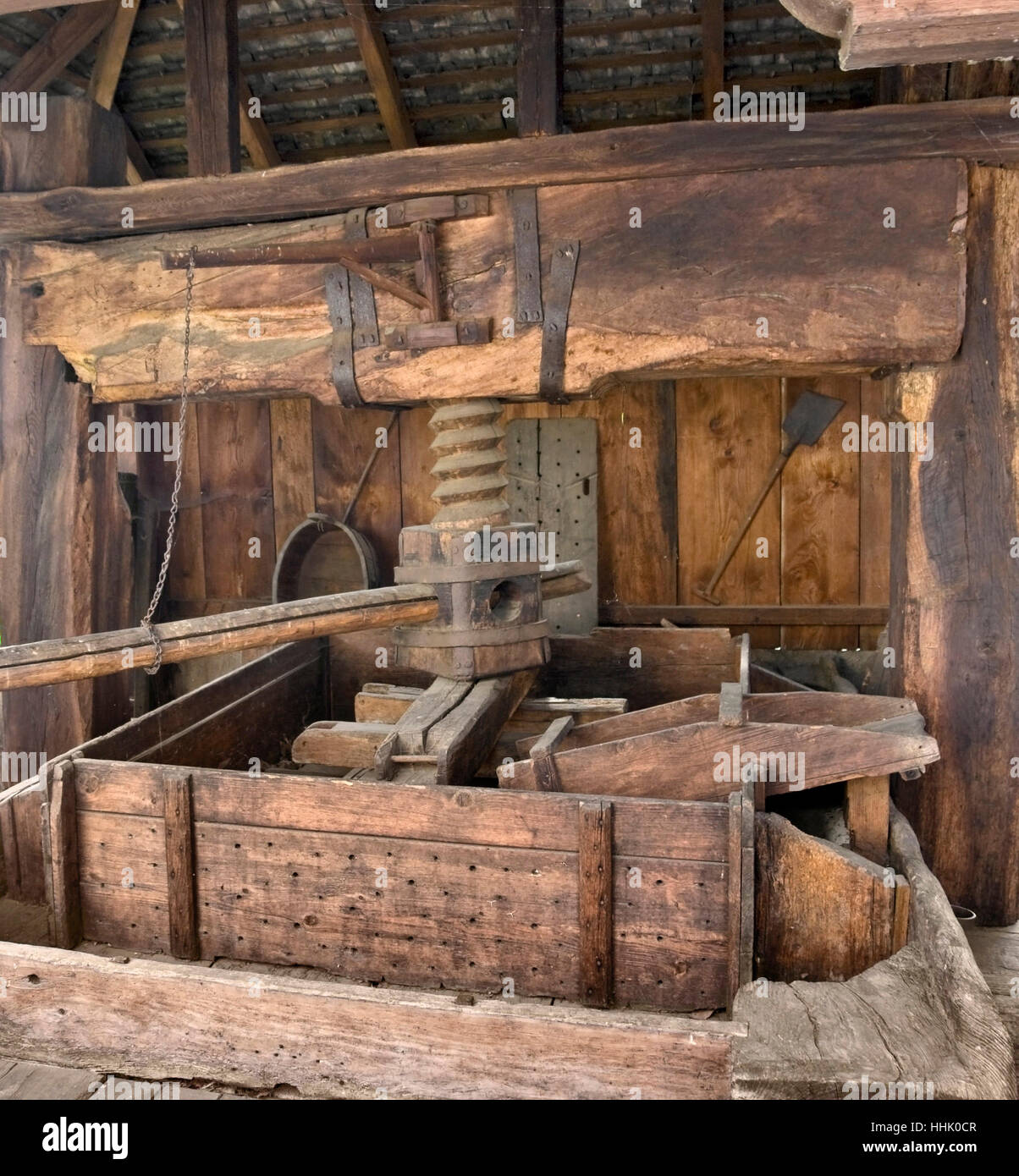 detail of a historic wooden wine press, seen in Alsace (France) Stock Photo