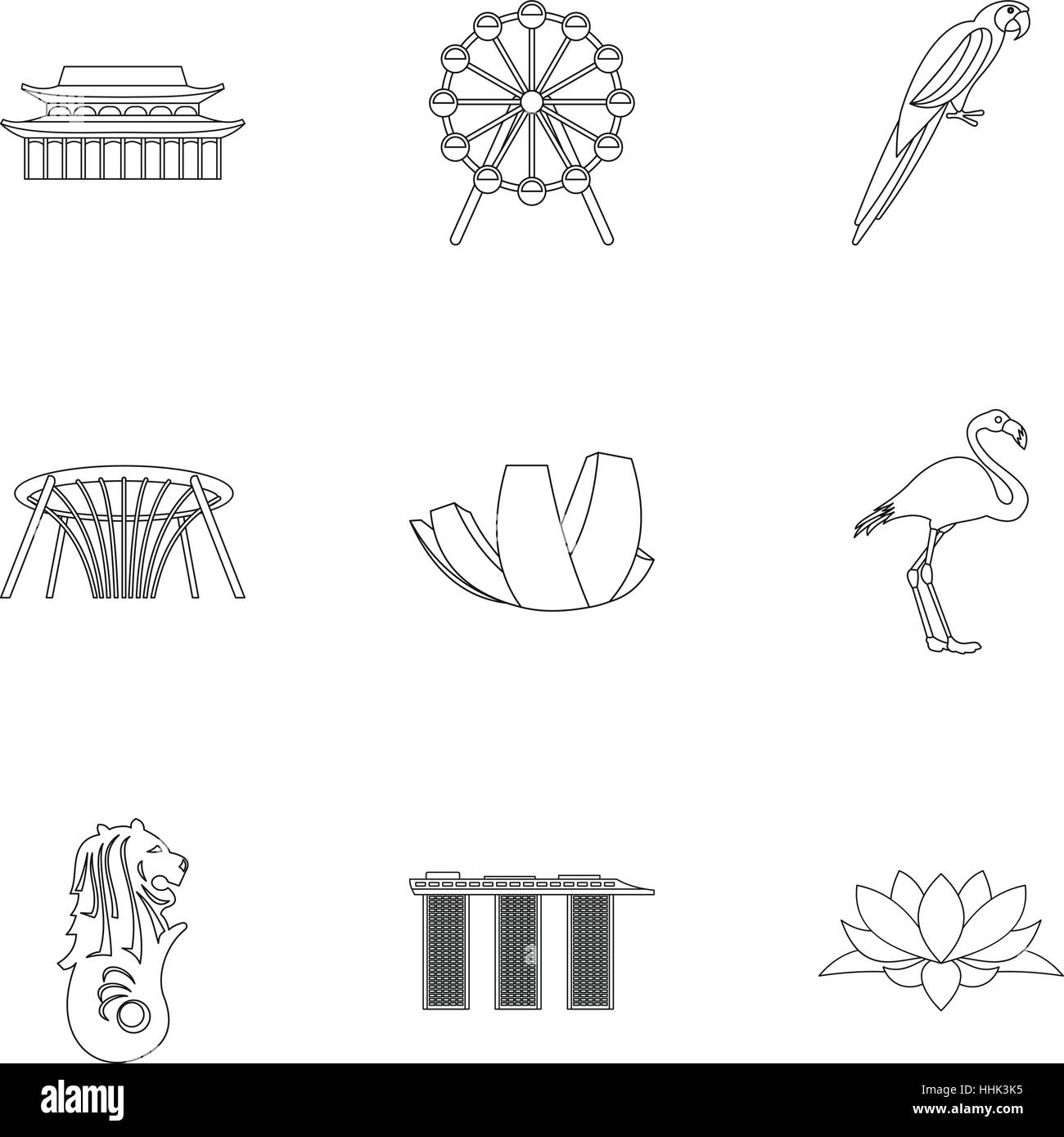Attractions of Singapore icons set, outline style Stock Vector Image ...