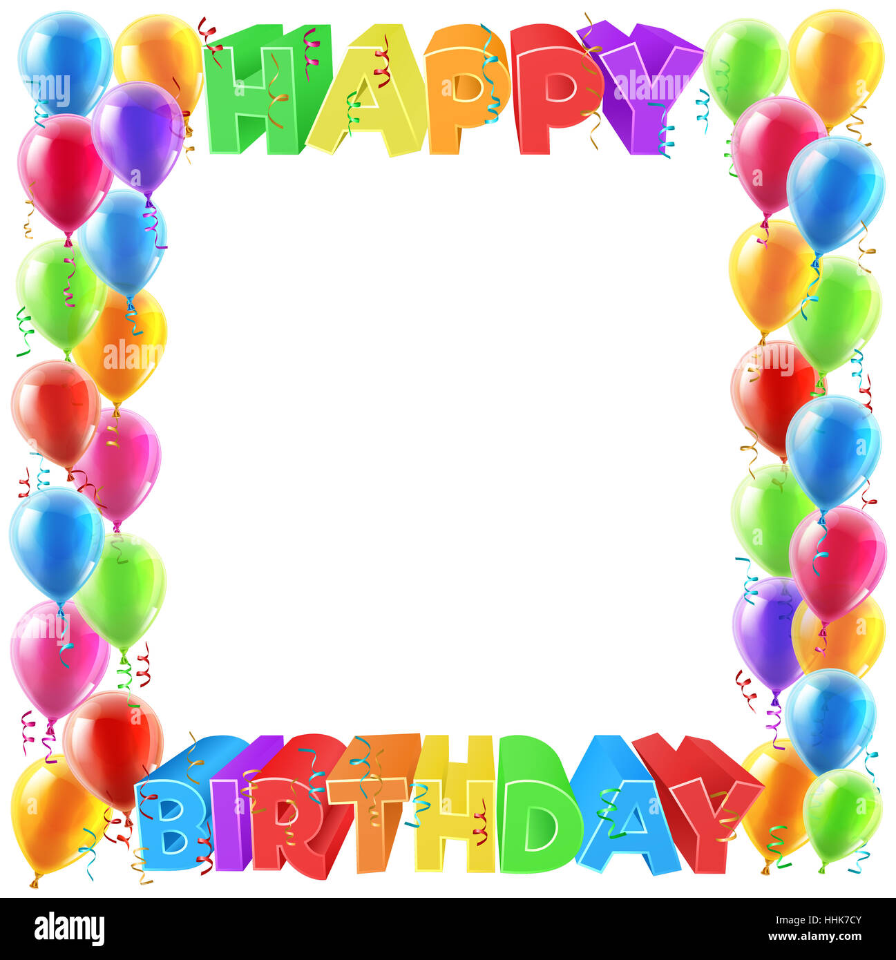 A balloons and Happy Birthday bright color word text sign invite border frame design Stock Photo