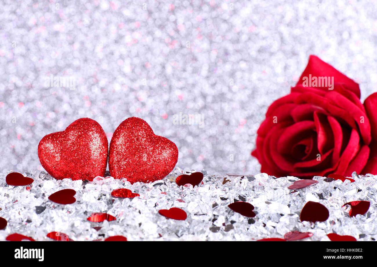 The red heart shapes and red rose flower on abstract light silver ...
