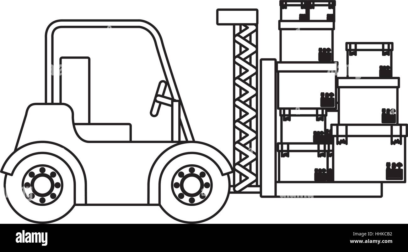 black silhouette contour forklift truck with forks with boxes vector ...