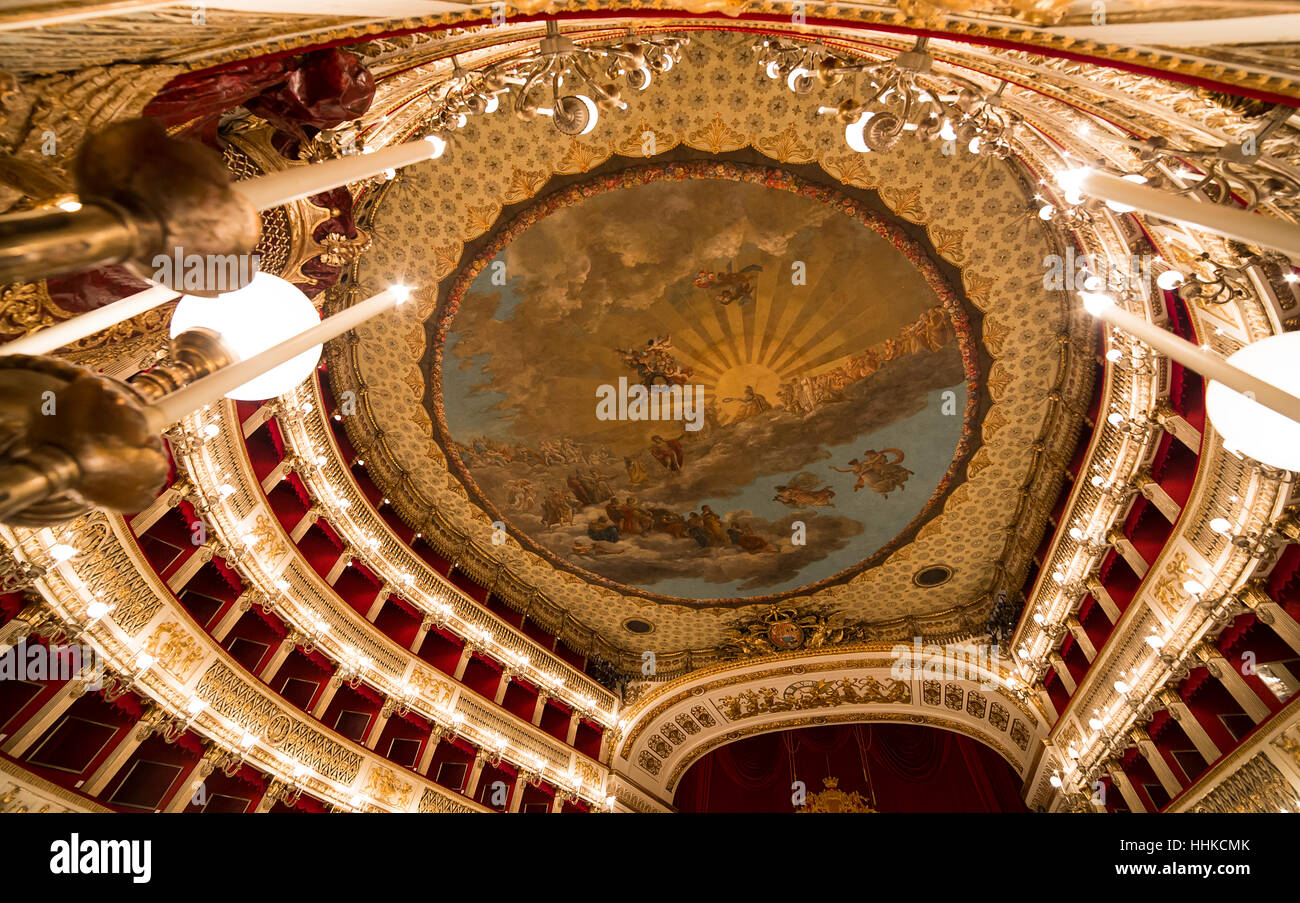 Interiors and details of Teatro di San Carlo, Naples opera house, Italy ...