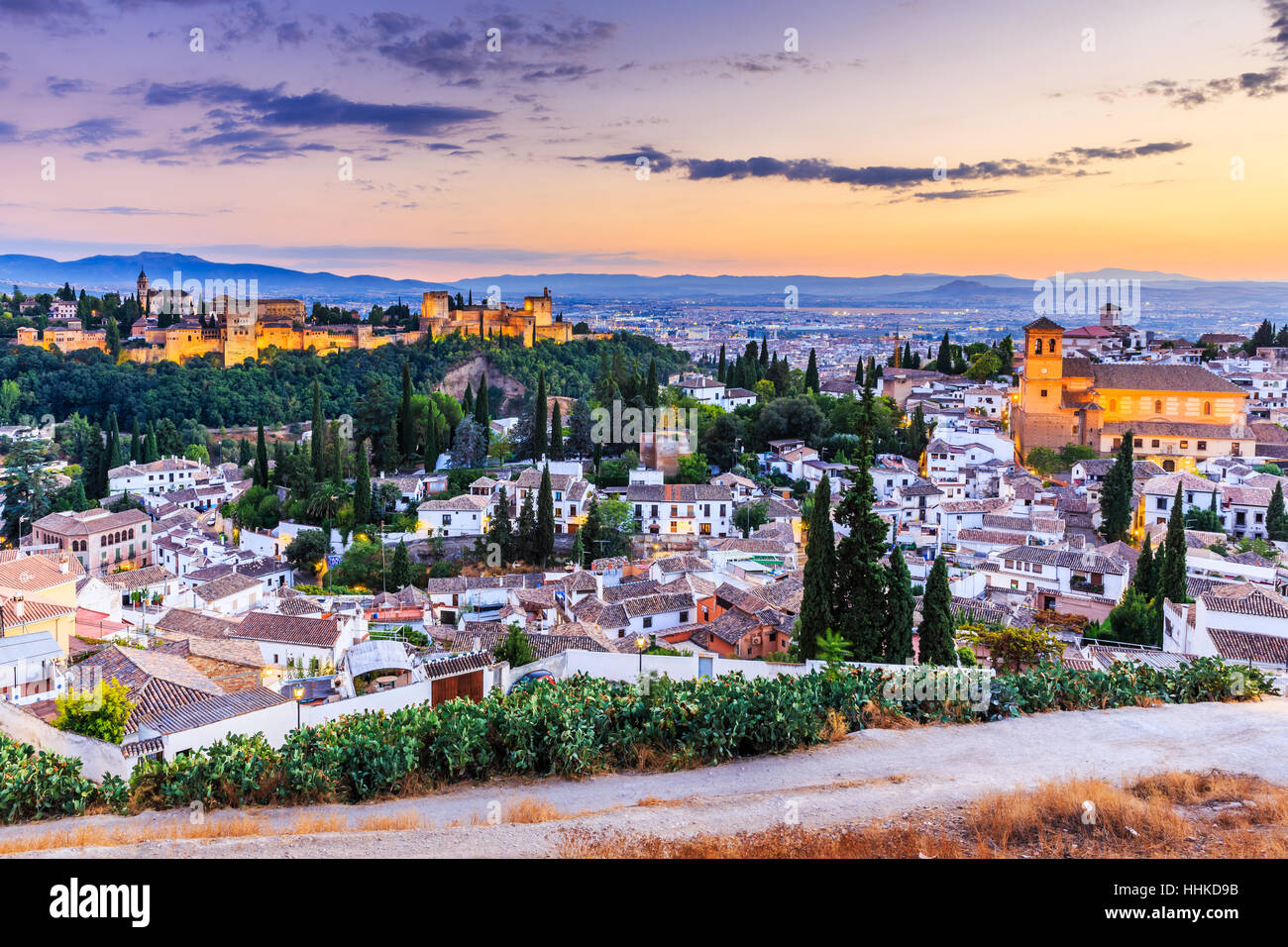Alhambra of Granada, Spain. Alhambra fortress and Albaicin quarter at twilight. Stock Photo