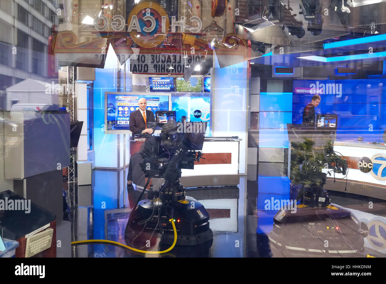 Chicago, USA - October 15, 2016: ABC 7 live show in studio seen through window, the station is the most watched television station in Chicago. Stock Photo