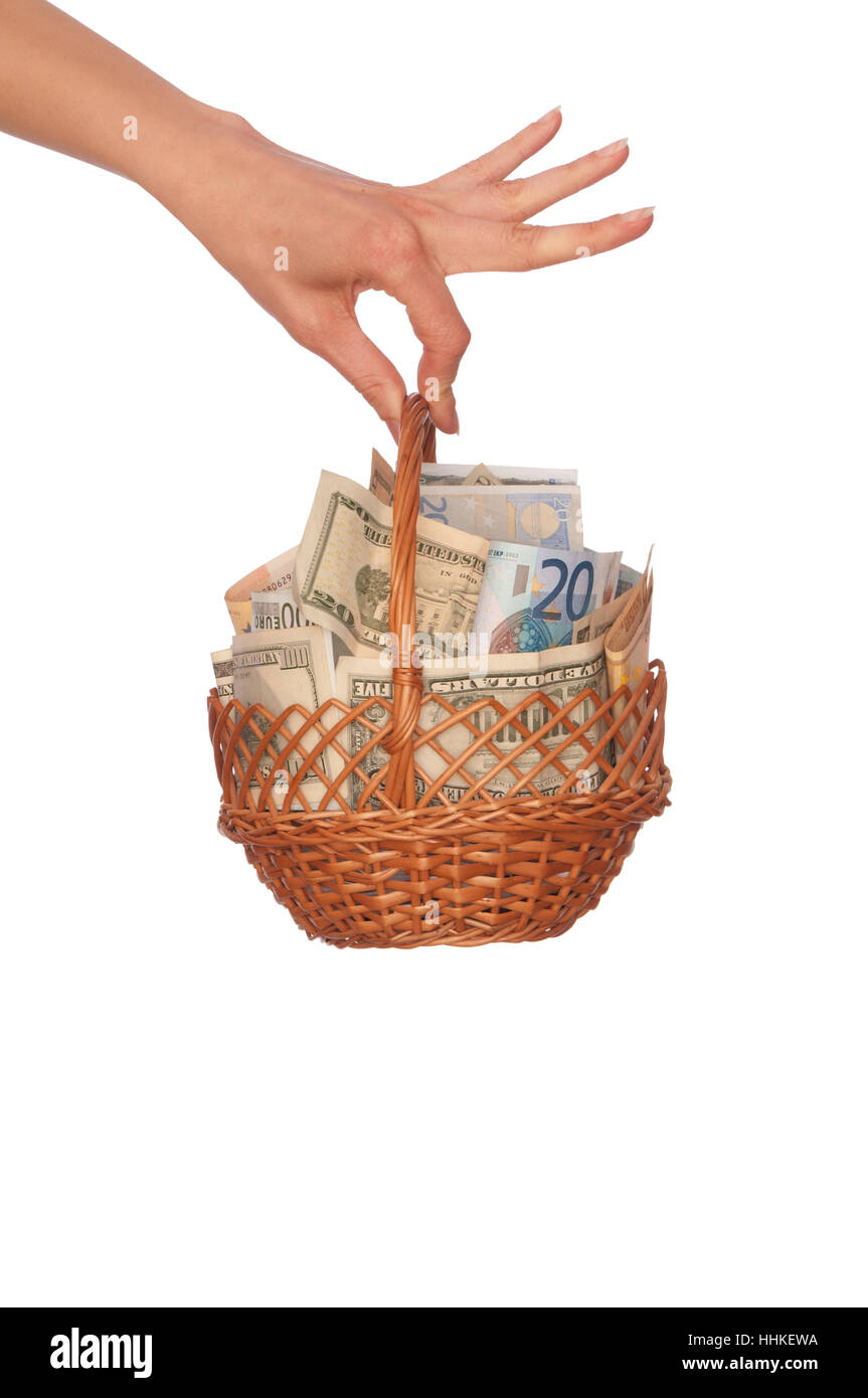 dollar, dollars, currency, basket, wealth, finance, donation, sheet of