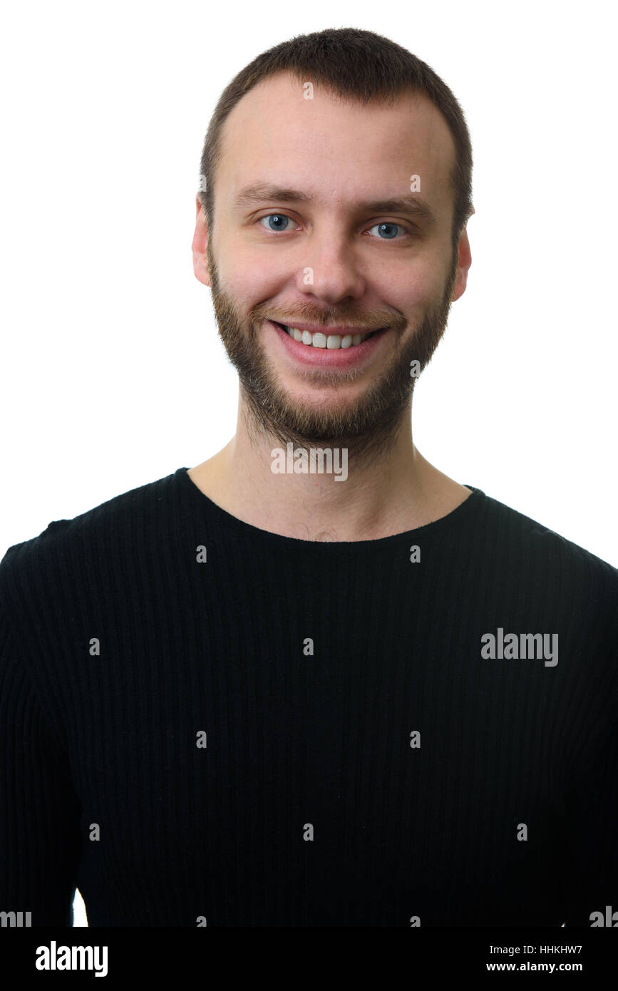 close up portrait of bearded man with toothy smile. Isolated Stock Photo