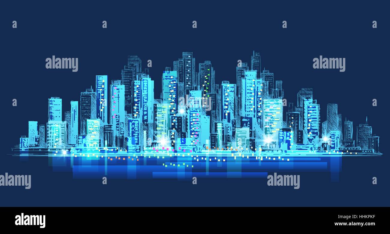 City skyline panorama at night, hand drawn cityscape Stock Vector Image ...
