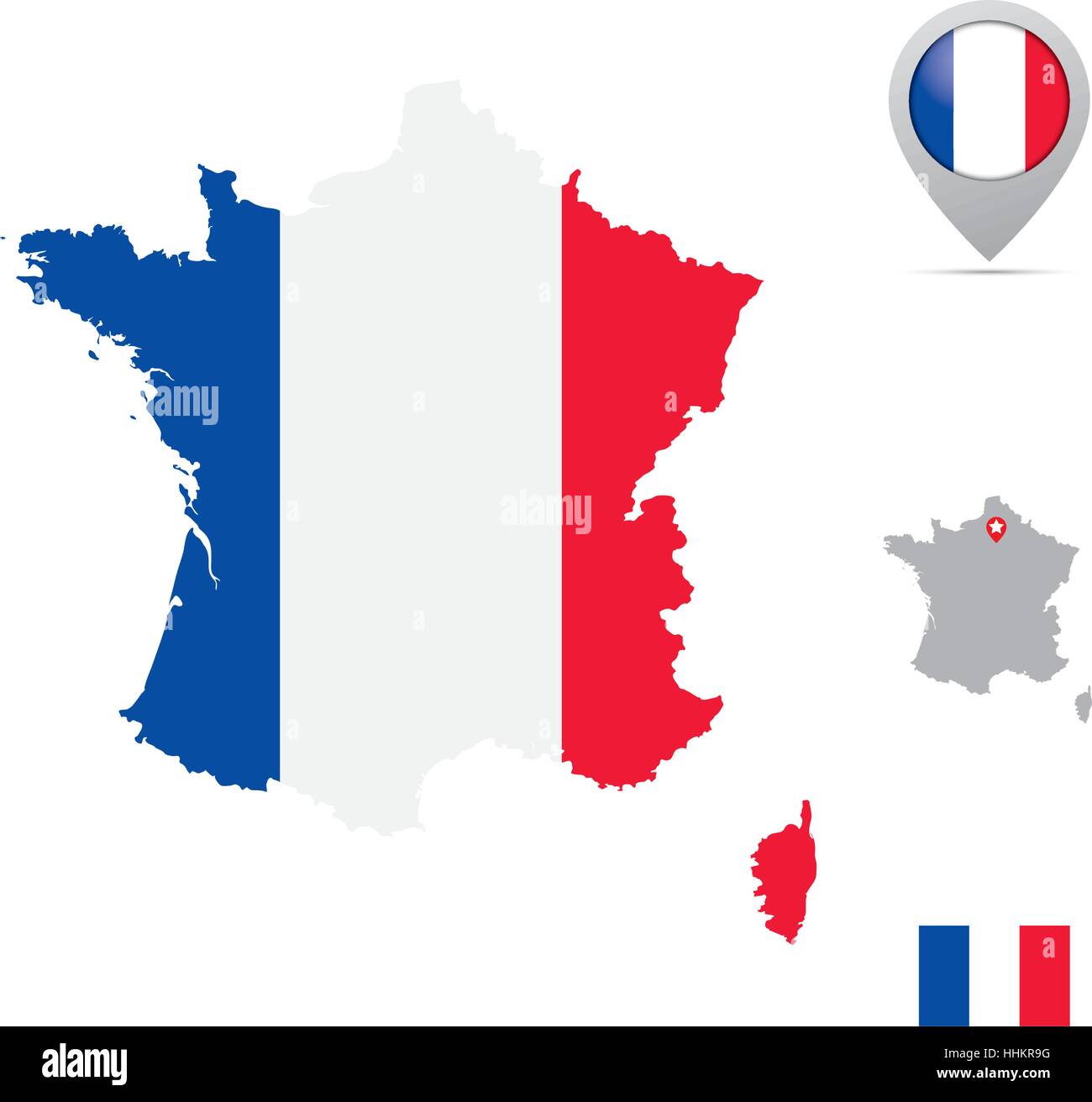 France map in national flag colors, flag, marker and location of its capital paris. Stock Vector