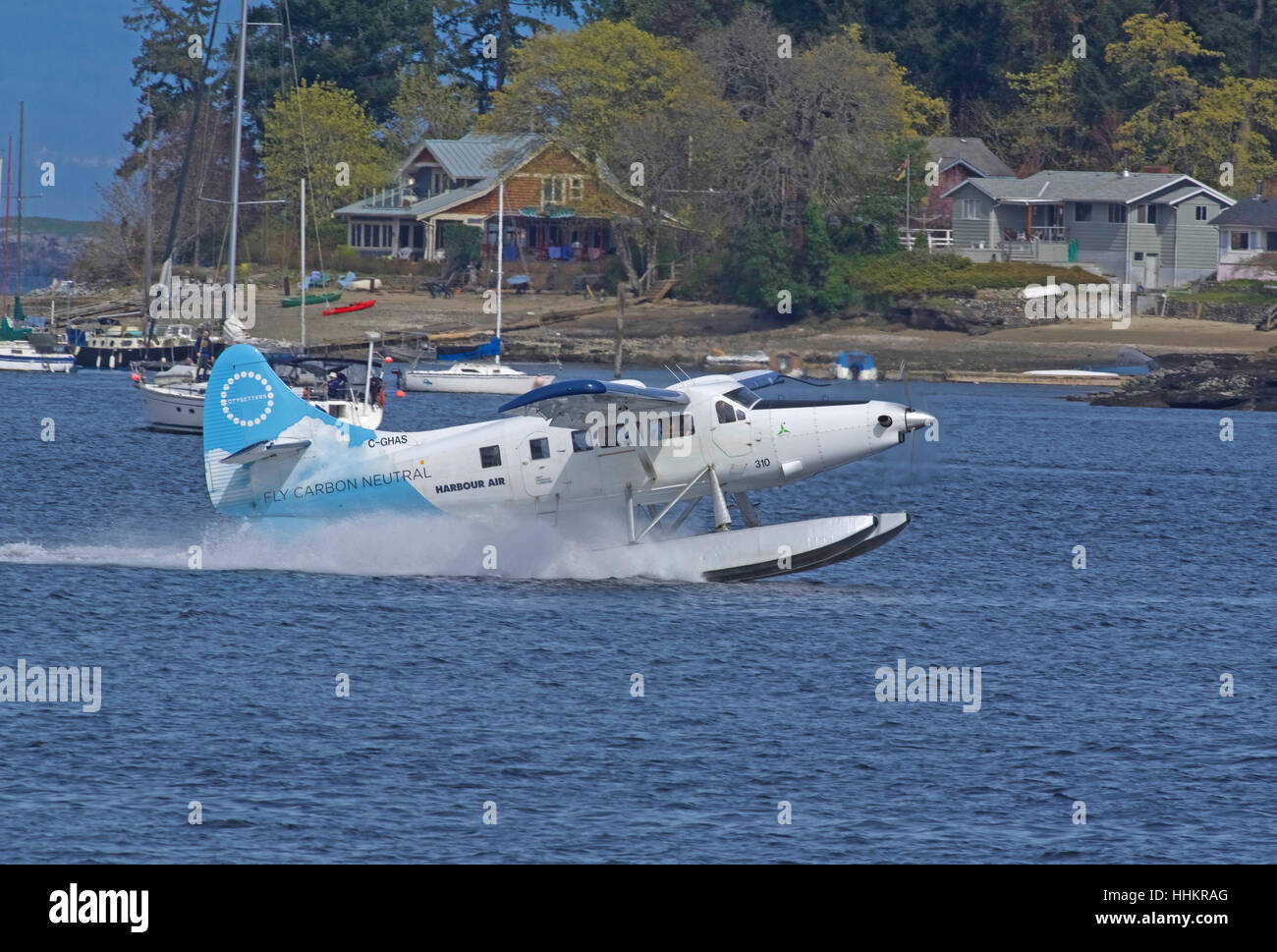 Harbour Air float plane taking off from Nanaimo, Vancouver Island, BC Canada. SCO 11,683. Stock Photo