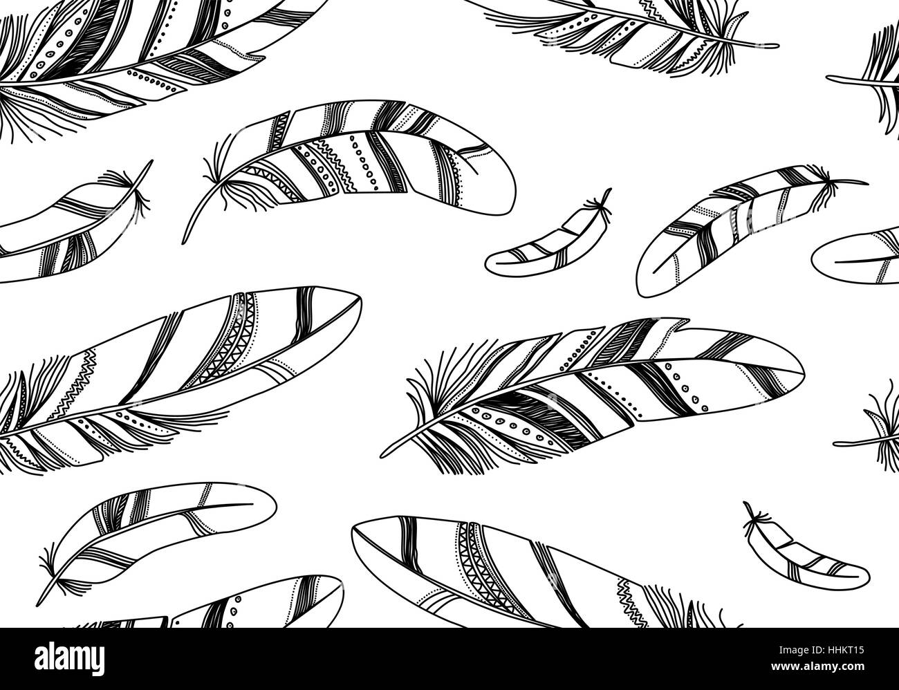 Seamless pattern with black contour feathers on a white background ...