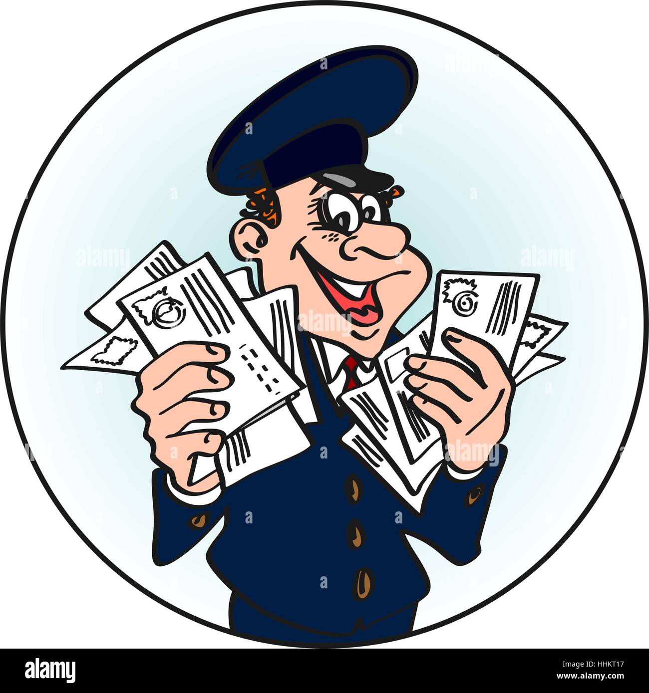 Jolly postman in the blue cap with the letters in his hands. Vector cartoon concept of mail. Stock Vector