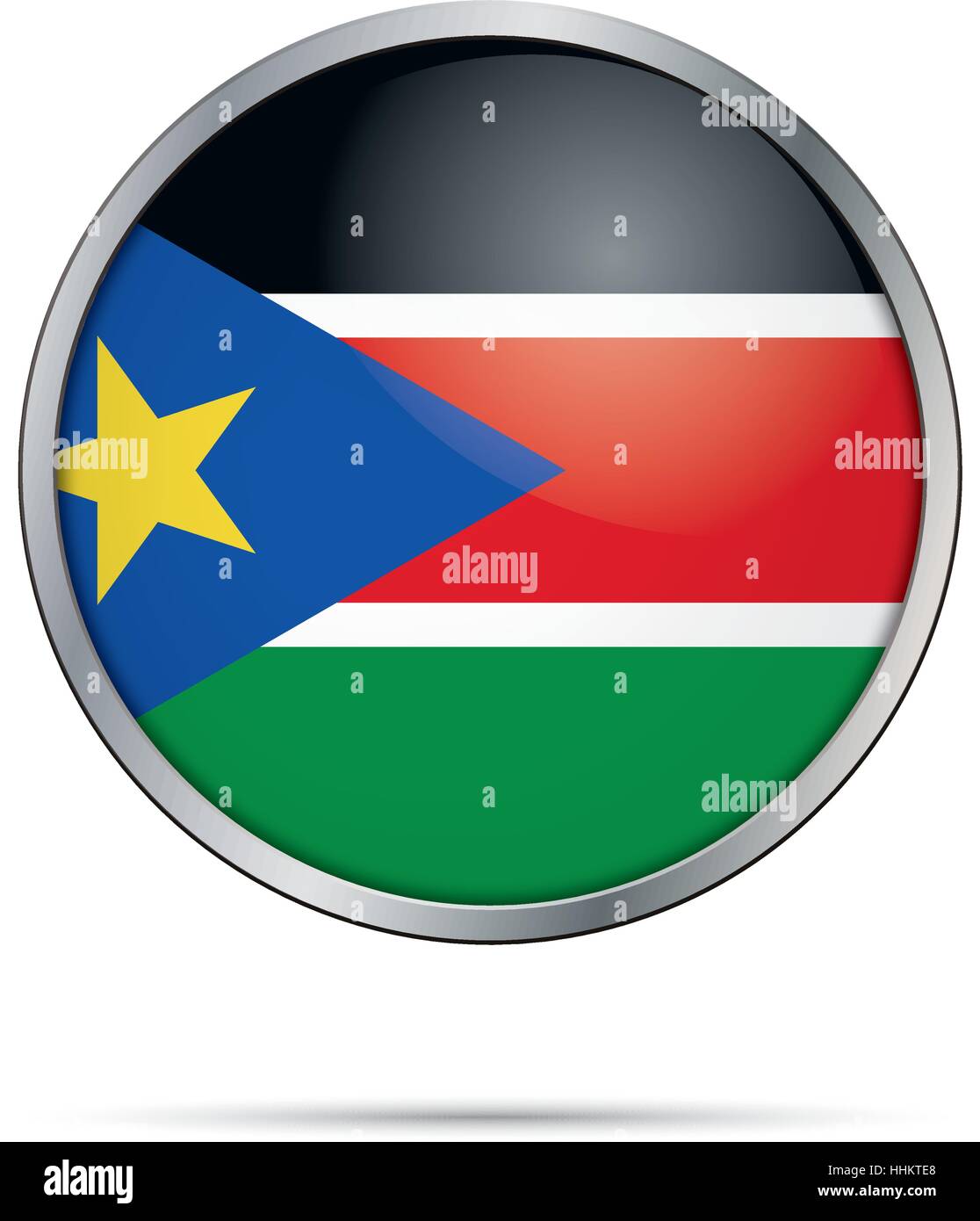 Vector South-Sudanese flag button. South Sudan flag in glass button style with metal frame Stock Vector
