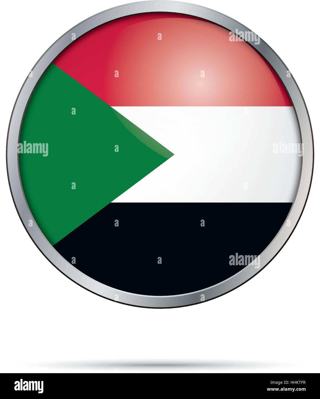 Vector Sudanese flag button. Sudan flag in glass button style with metal frame Stock Vector