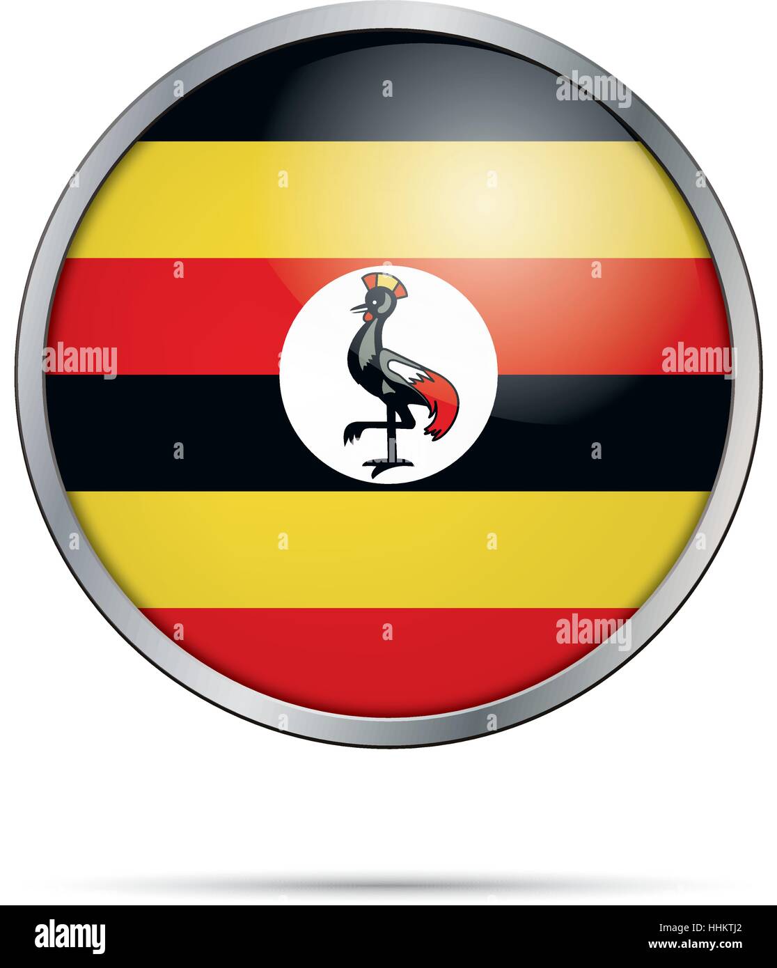 Vector Ugandan flag button. Uganda flag in glass button style with metal frame Stock Vector