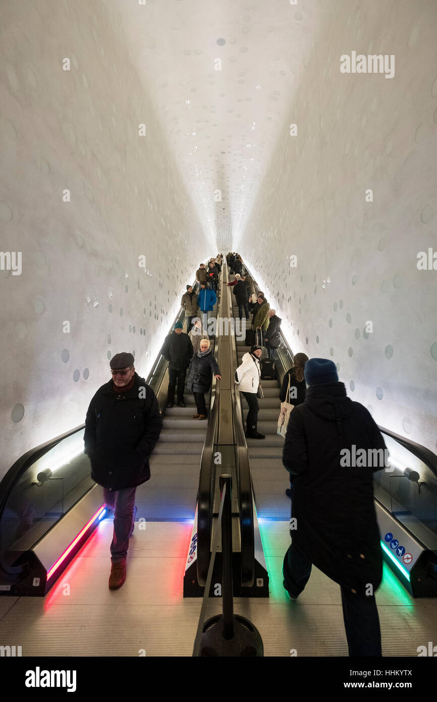 Elbphilharmonie, Hamburg, Germany; Curved escalator inside new opera house in Hamburg, Germany. Stock Photo