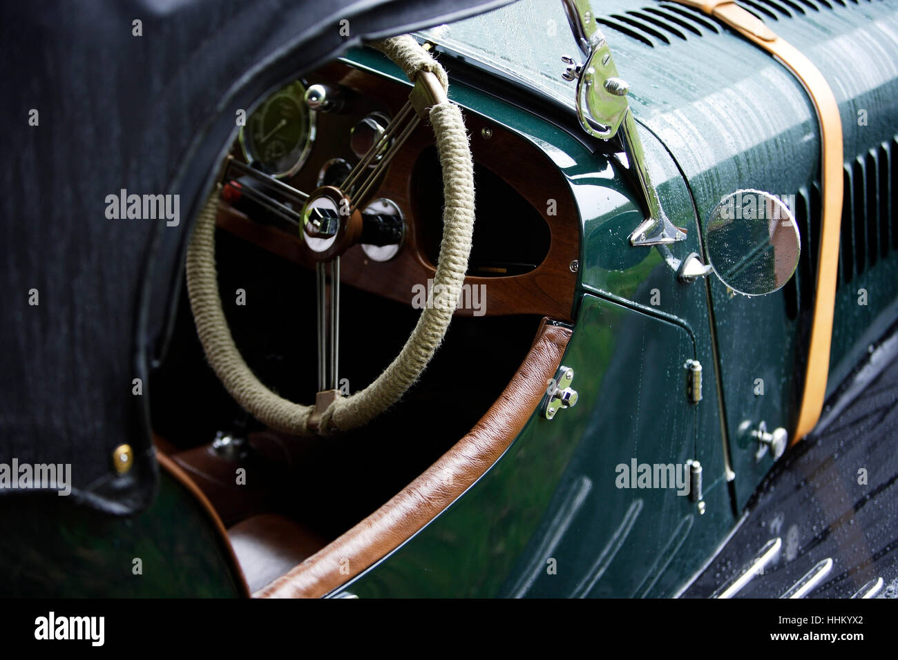Close up of steering wheel of antique car Stock Photo