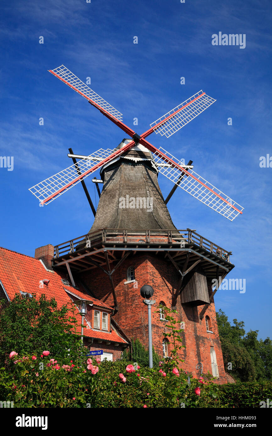 Windmill Aurora, Borstel, Altes Land, Lower Saxony, Germany, Europe Stock Photo