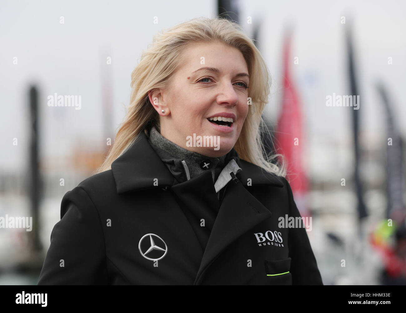 Kate Thomson, wife of British sailor Alex Thomson, during media interviews at Les Sables d'Olonne, western France, as she awaits her husband's finish in the Vendee Globe race. Stock Photo