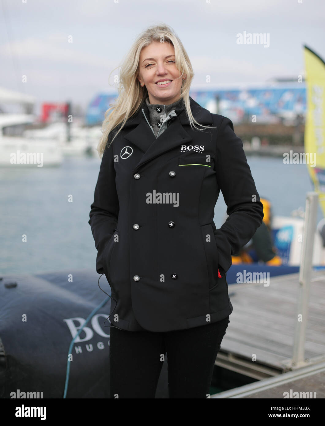 Kate Thomson, wife of British sailor Alex Thomson, during media interviews at Les Sables d'Olonne, western France, as she awaits her husband's finish in the Vendee Globe race. Stock Photo