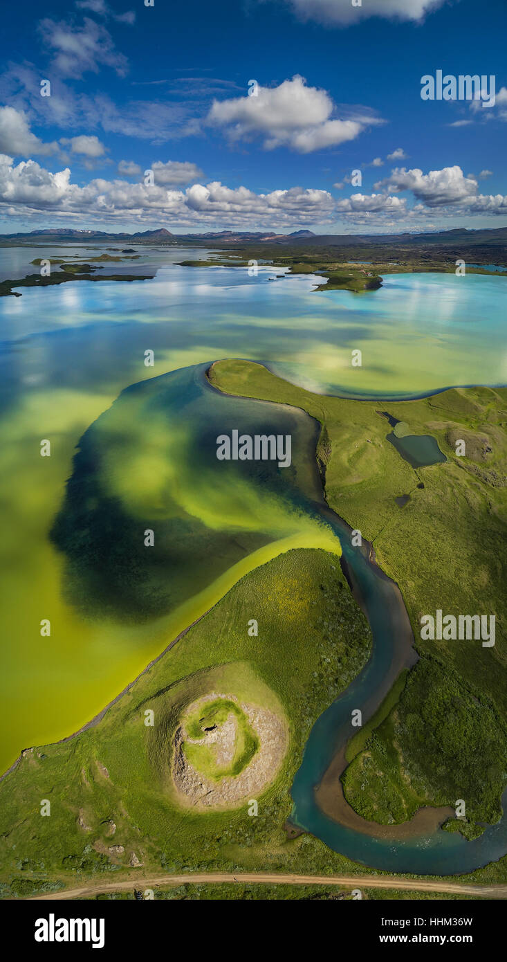 Aerial view of Skutustadagigar, Pseudocrater, Lake Myvatn, Iceland. Stock Photo