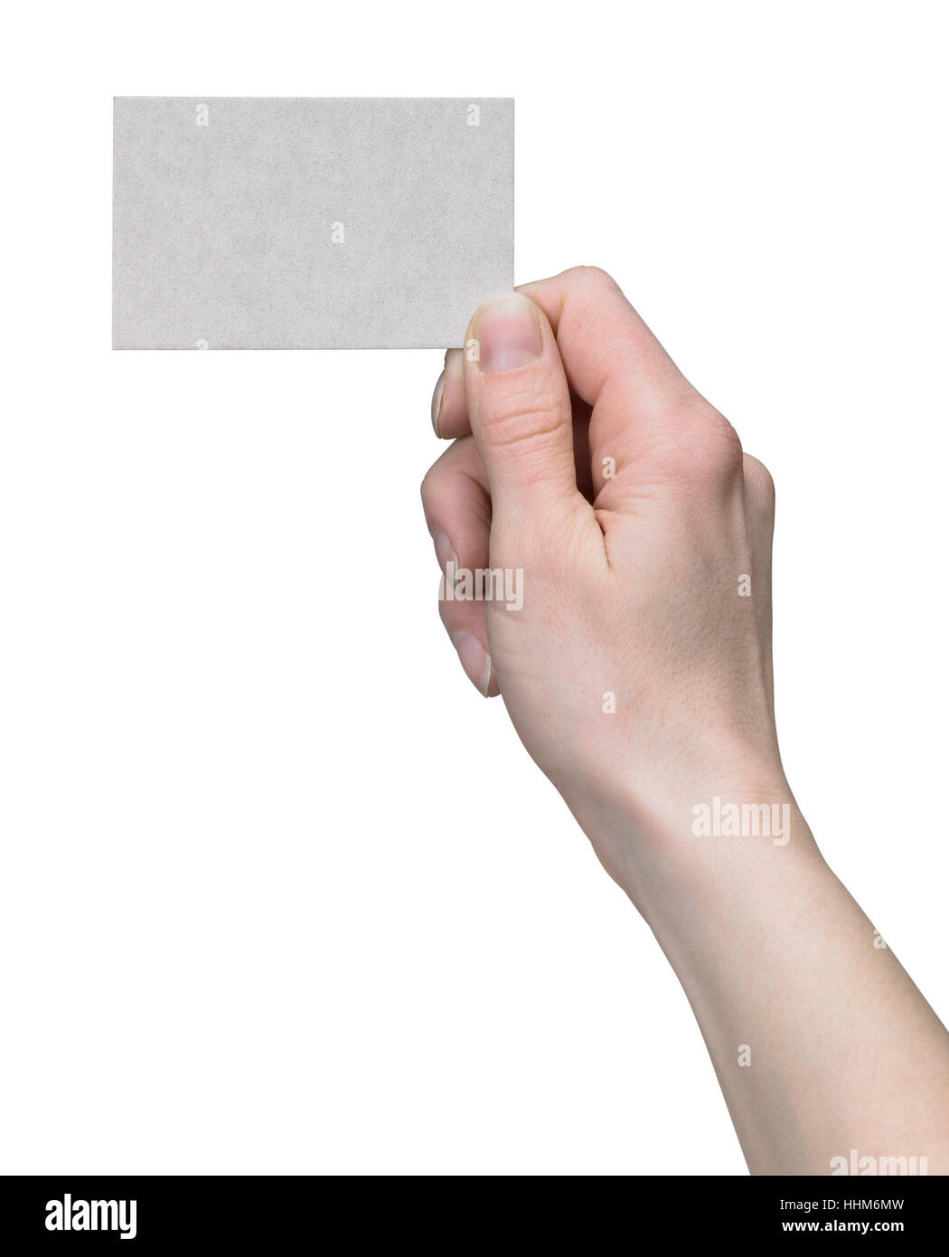 studio photography of a hand holding a bisiness card in white back Stock Photo