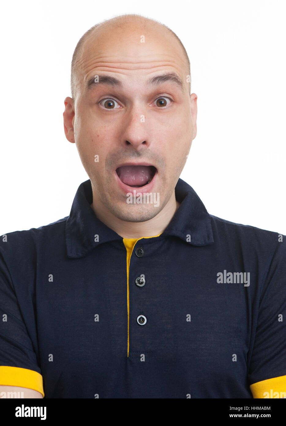 Portrait of Shocked funny Bald dude isolated on white Stock Photo