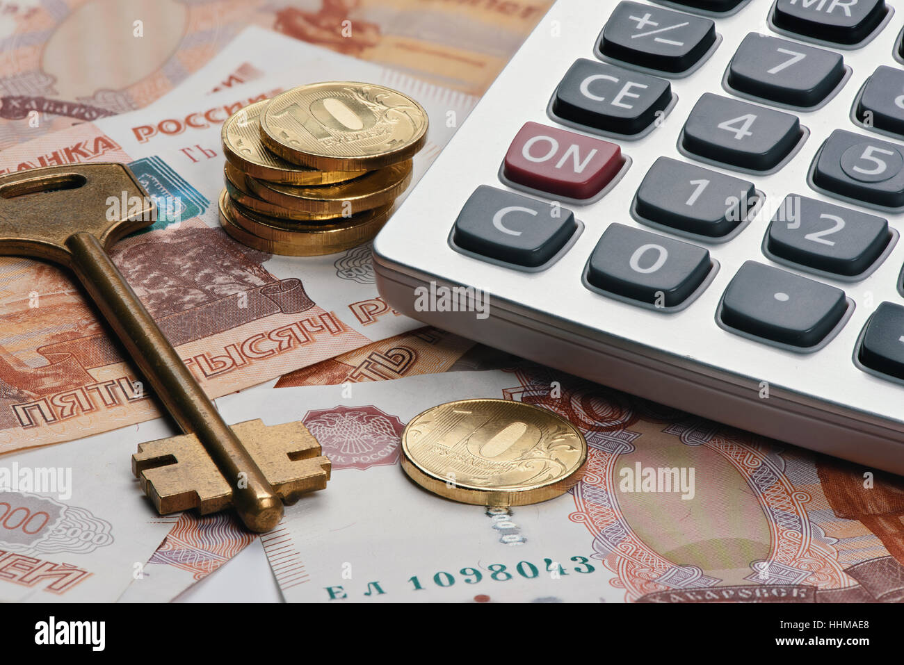 Russian Key Values Rubles, calculator and key. Russian money. real estate concept Stock ...