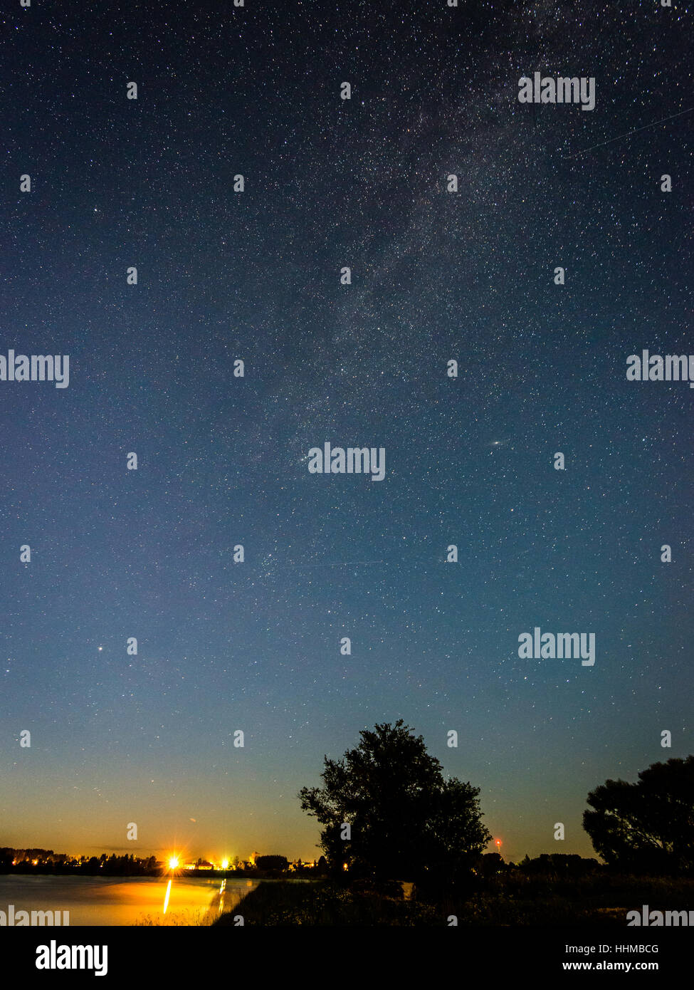 Beautiful milky way galaxy on a night sky and silhouette of tree with ...
