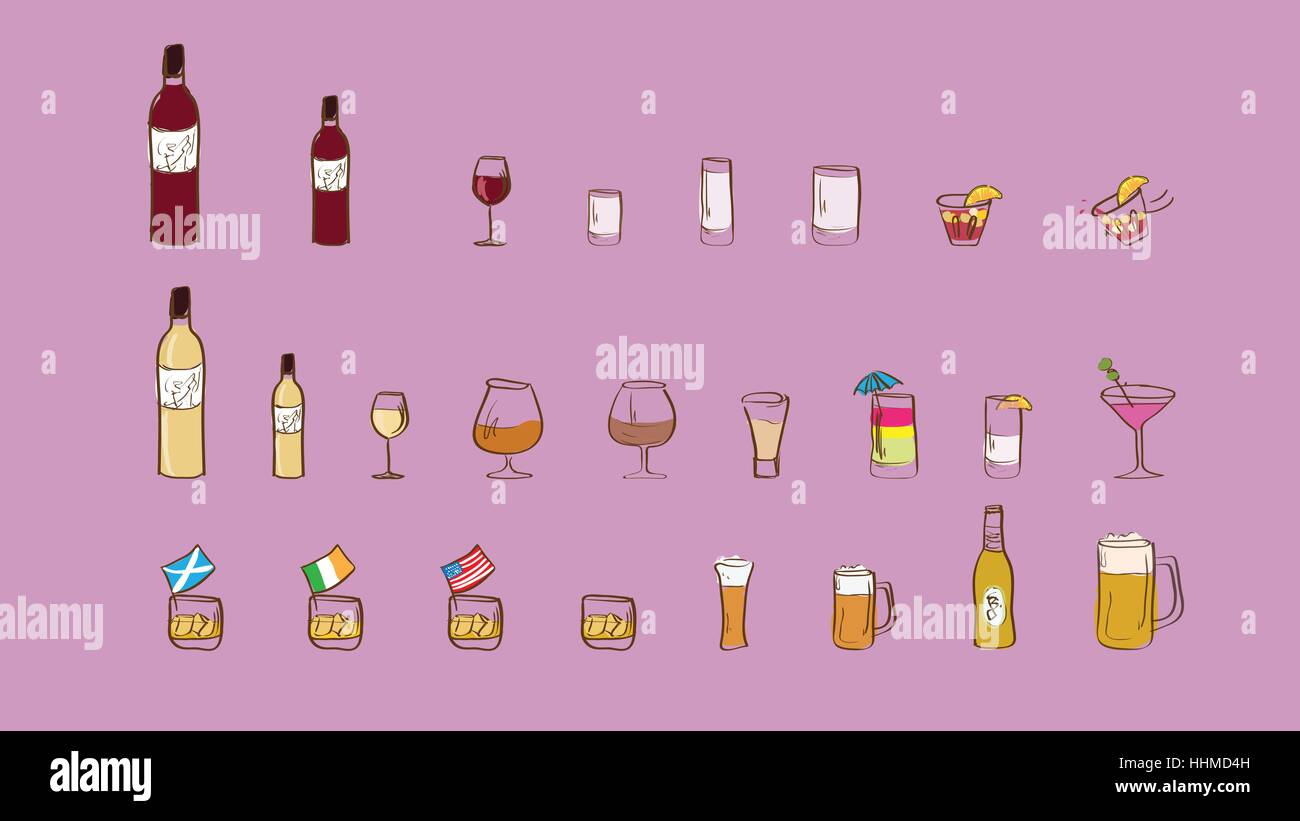 alcoholic drinks icon set - free style - without background Stock Vector