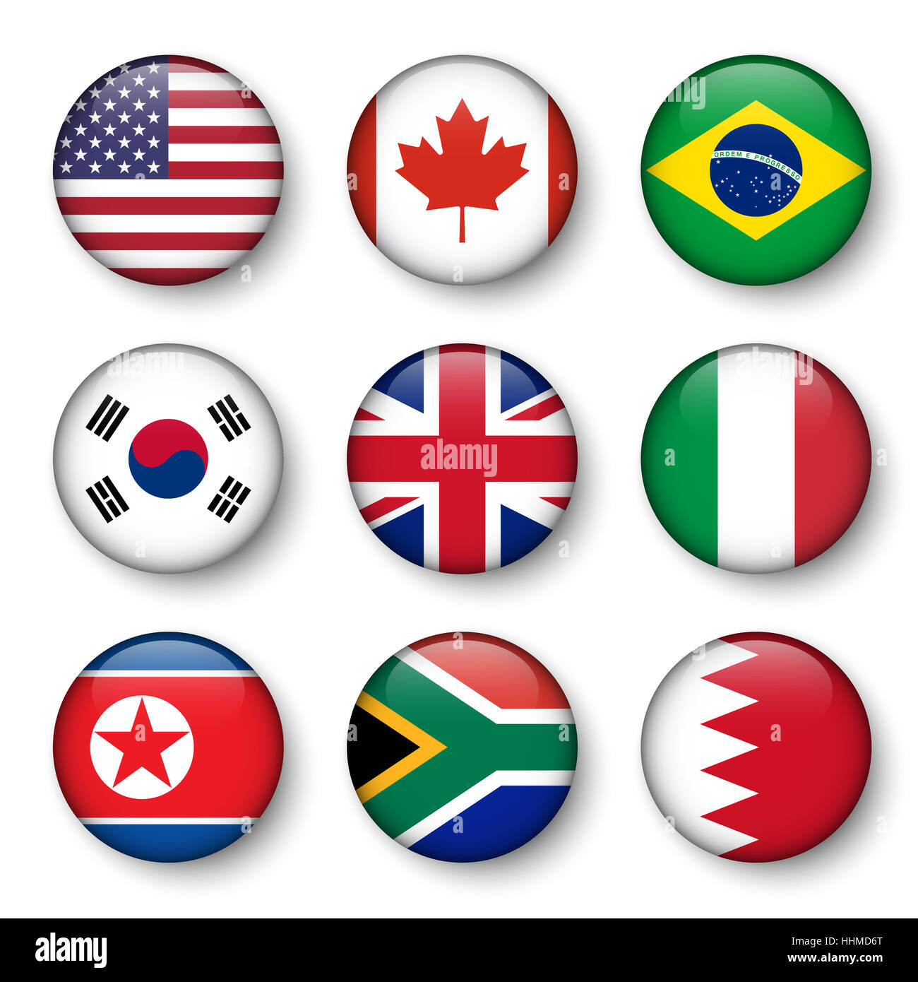 Set of world flags round badges ( USA . Canada . Brazil . South korea