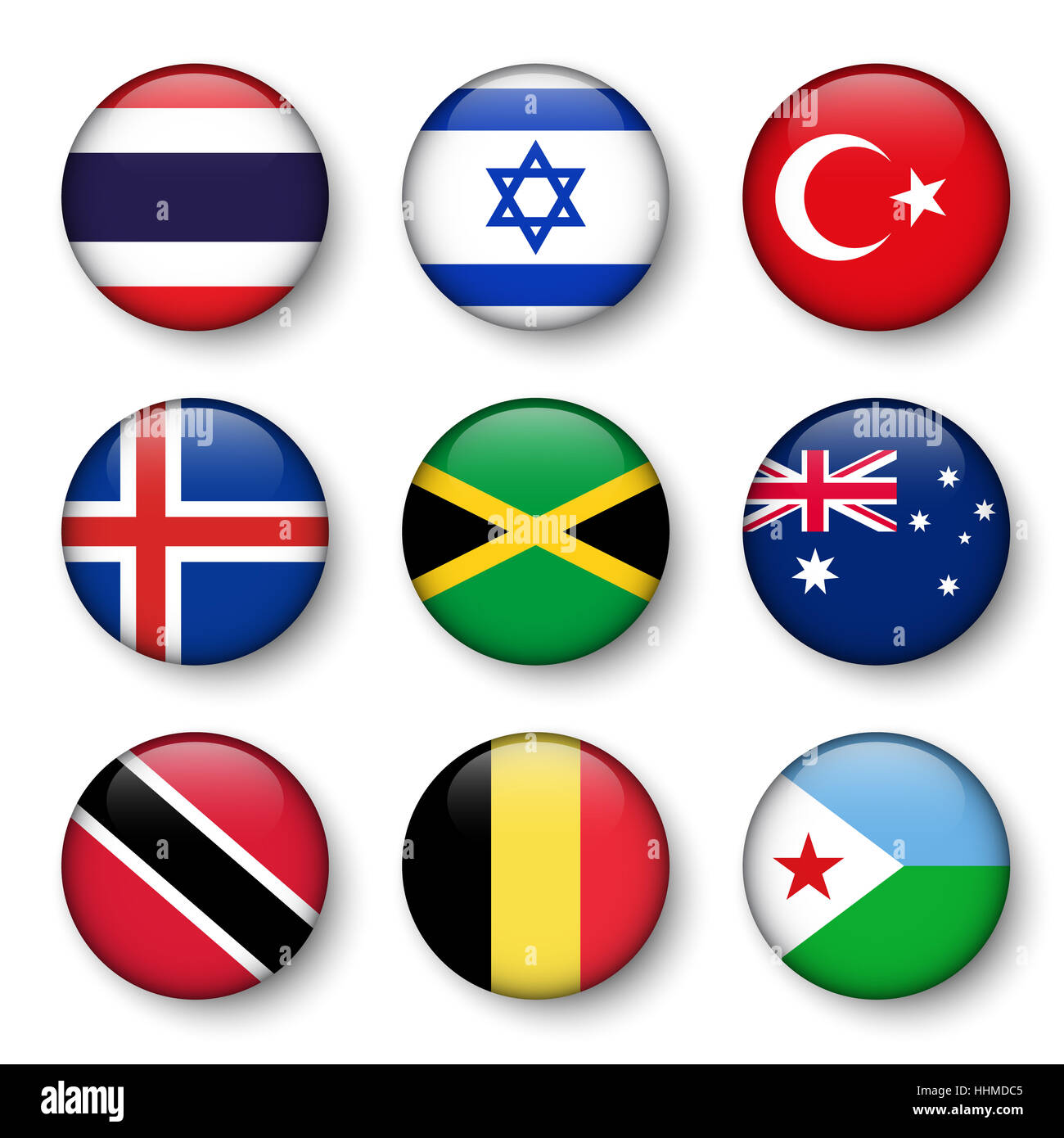 Set of world flags round badges ( Thailand . Israel . Turkey . Iceland