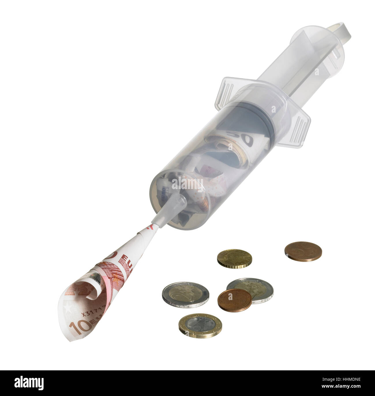 symbolic financial crisis theme with a big syringe filled with euro money, isolated on white with clipping path Stock Photo