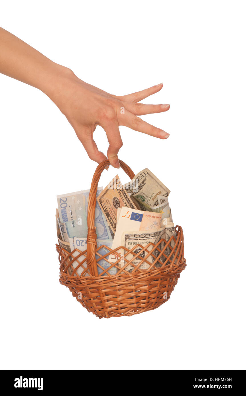 dollar, dollars, currency, basket, wealth, finance, donation, sheet of