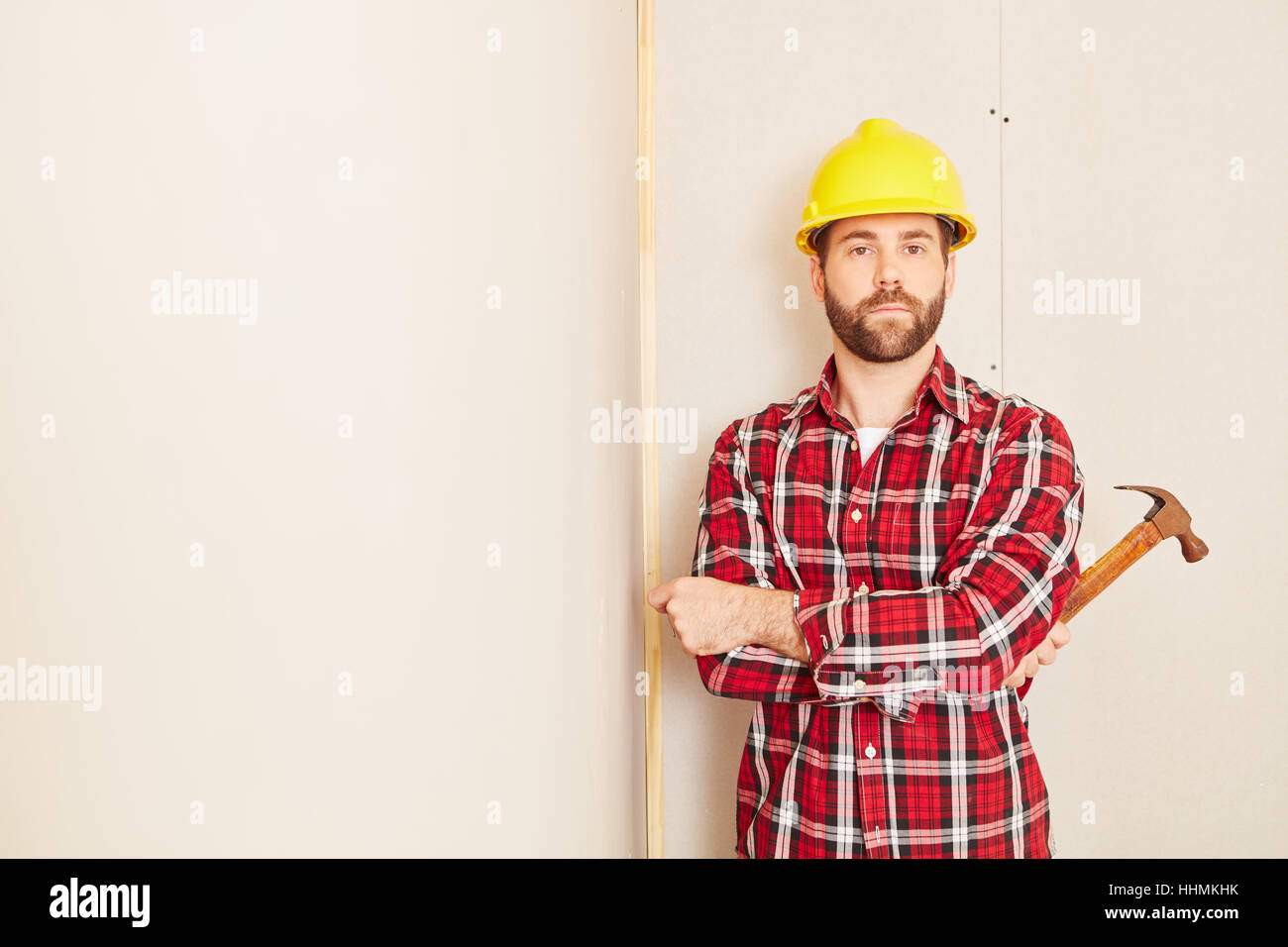 Carpenter with competence as profession add Stock Photo