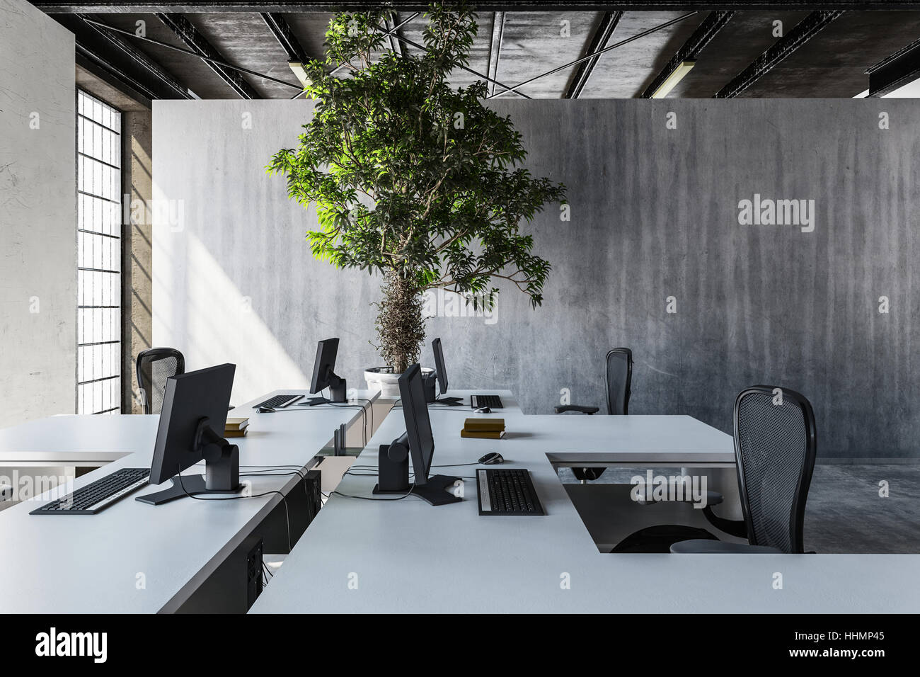 Modern Interior Of Well Lit Office With Several Desks And Huge