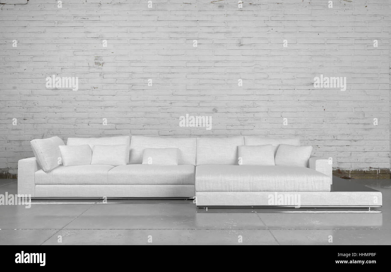 Large Comfortable White Modular Couch In A White Painted Brick