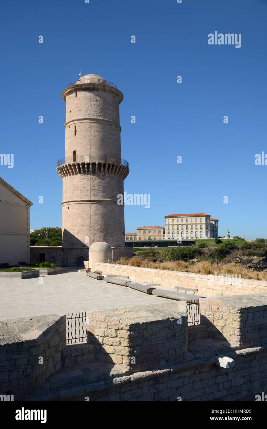 Lighthouse and Roof Terrace of Fort Saint Jean with the Palais du Pharo in the Distance Marseille Provence France Stock Photo