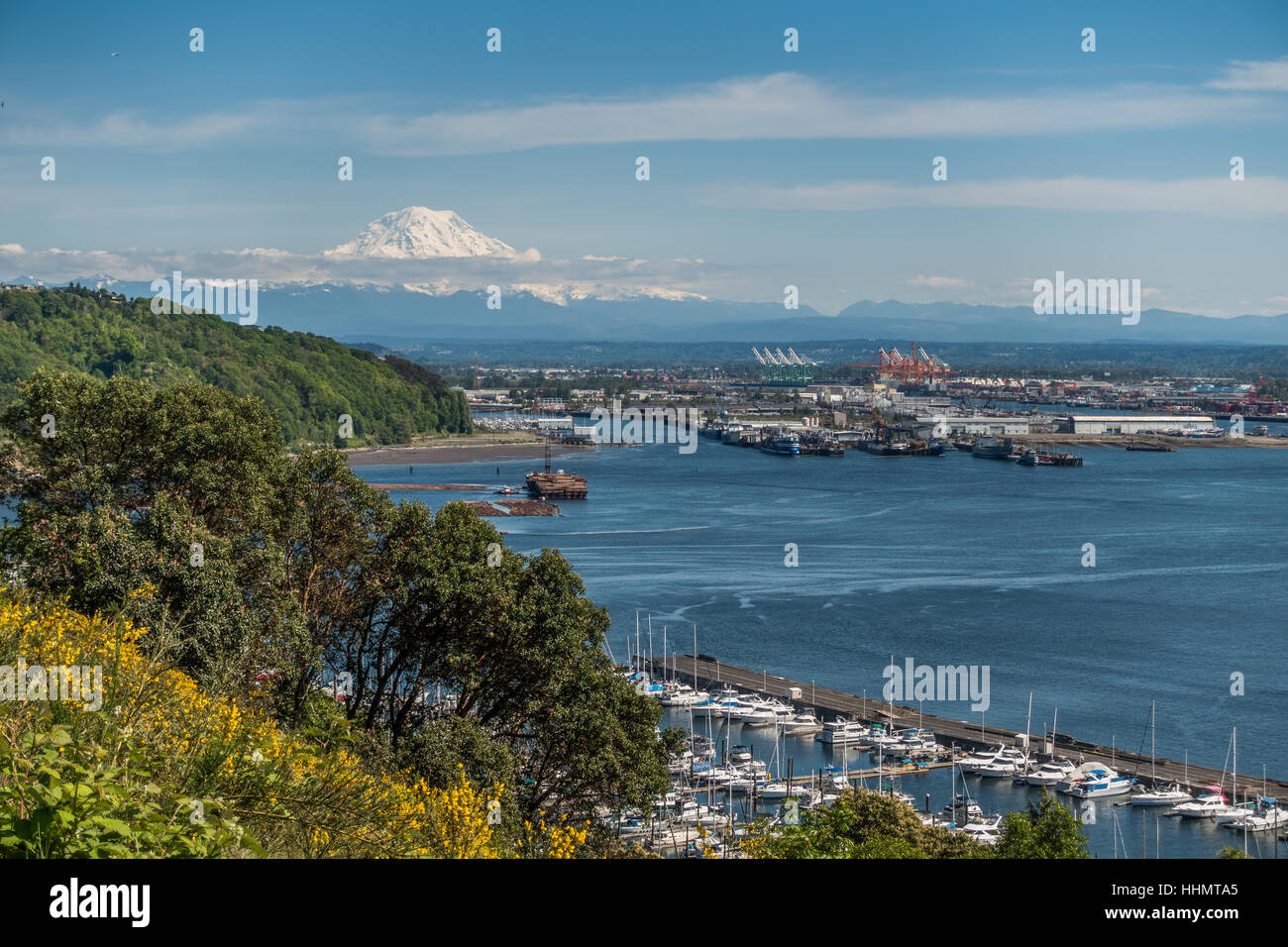 Majestic Mount Rainier rises up over the Port of Tacoma in Washington ...