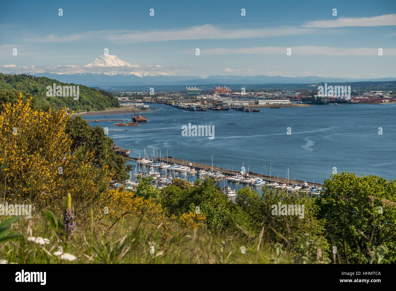 Majestic Mount Rainier rises up over the Port of Tacoma in Washington ...