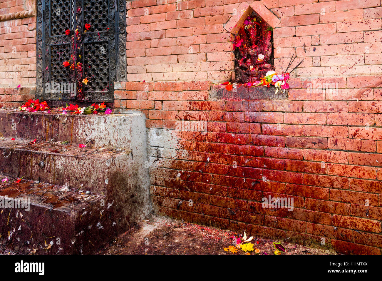 Bloody wall, where animals were sacrificed at the Khadga Devi Mandir Temple, Darsain Hindu Festival, Bandipur, Tanahun, Nepal Stock Photo