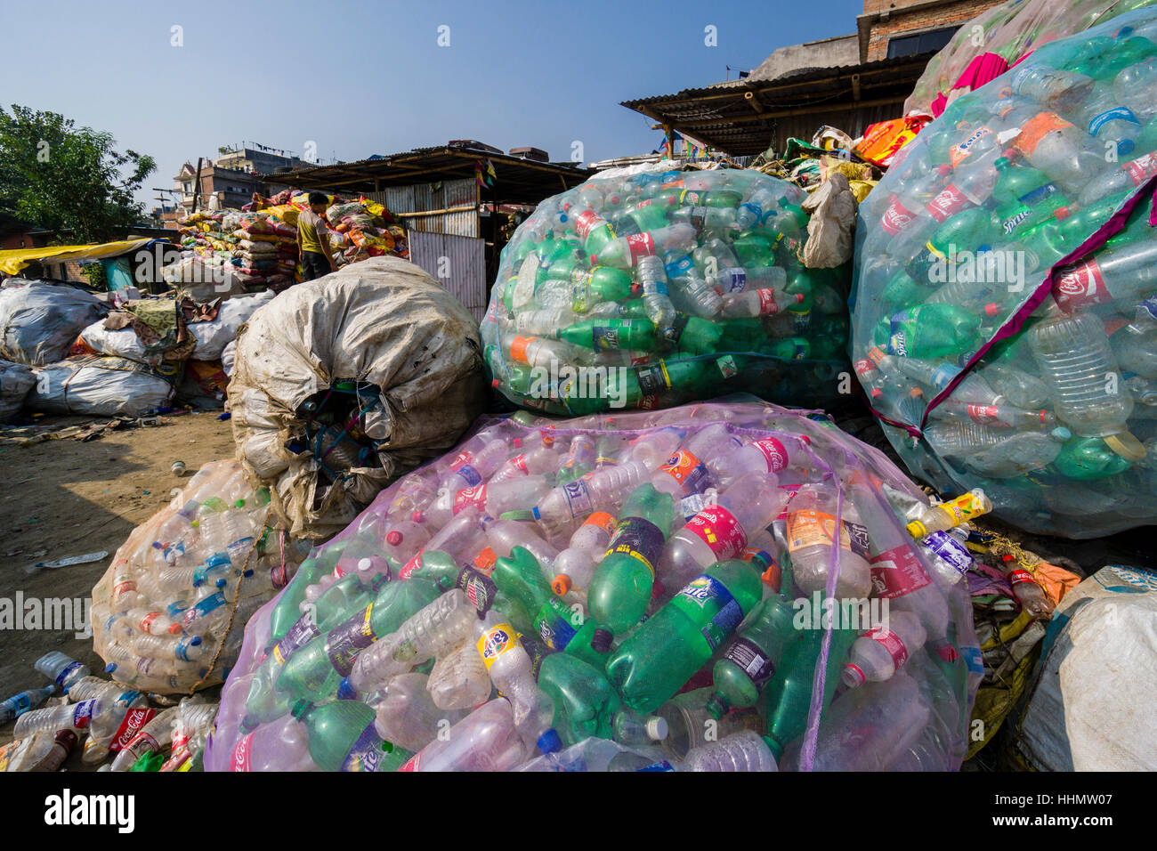 Big nets full of empty plastic bottles for recycling, Kathmandu, Nepal