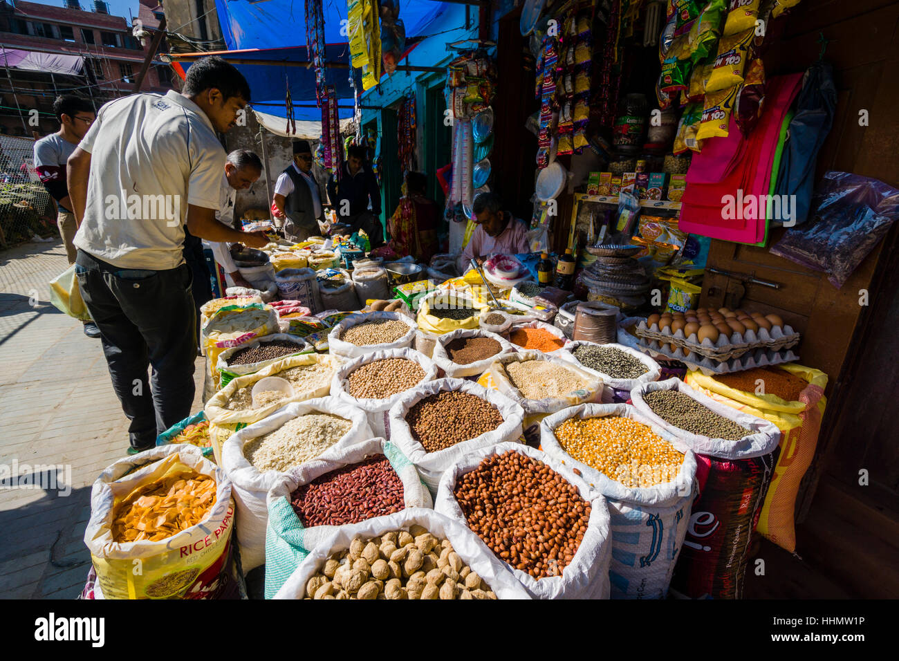 Different spices, nuts, beans and lentils are sold in street market, Kathmandu, Kathmandu District, Nepal Stock Photo