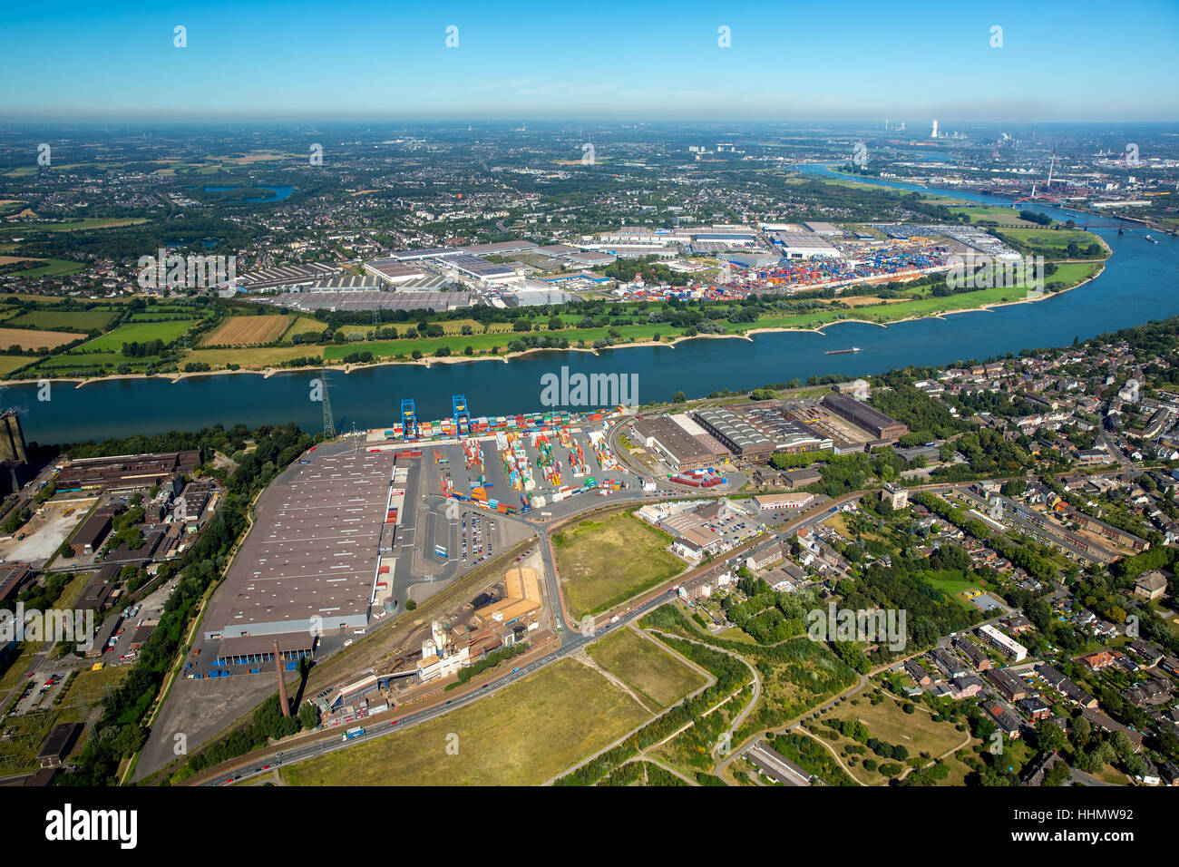 Container loading at River Rhine, container terminal, Logport II, Duisburg, Ruhr district, North Rhine-Westphalia, Germany Stock Photo