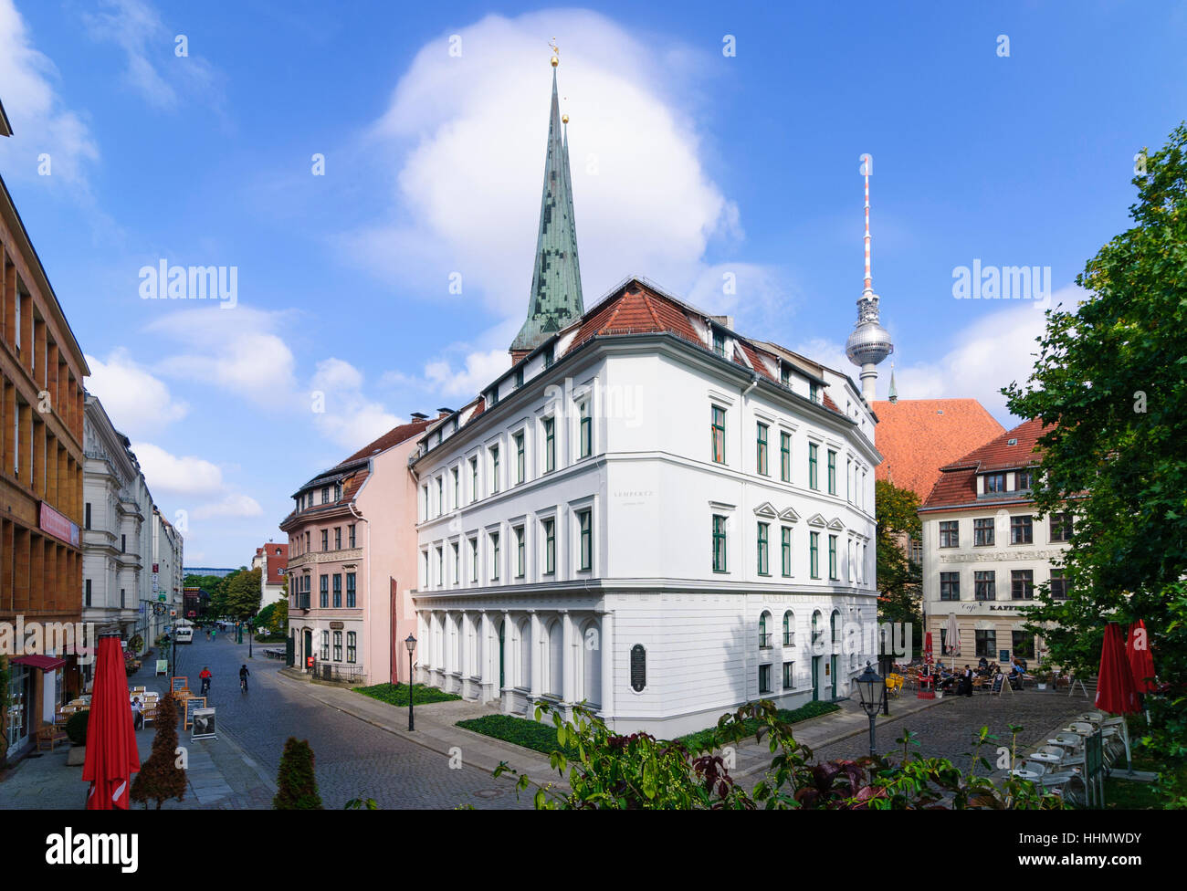 Berlin: district Nikolaiviertel with church Nikolaikirche and TV tower, , Berlin, Germany Stock Photo