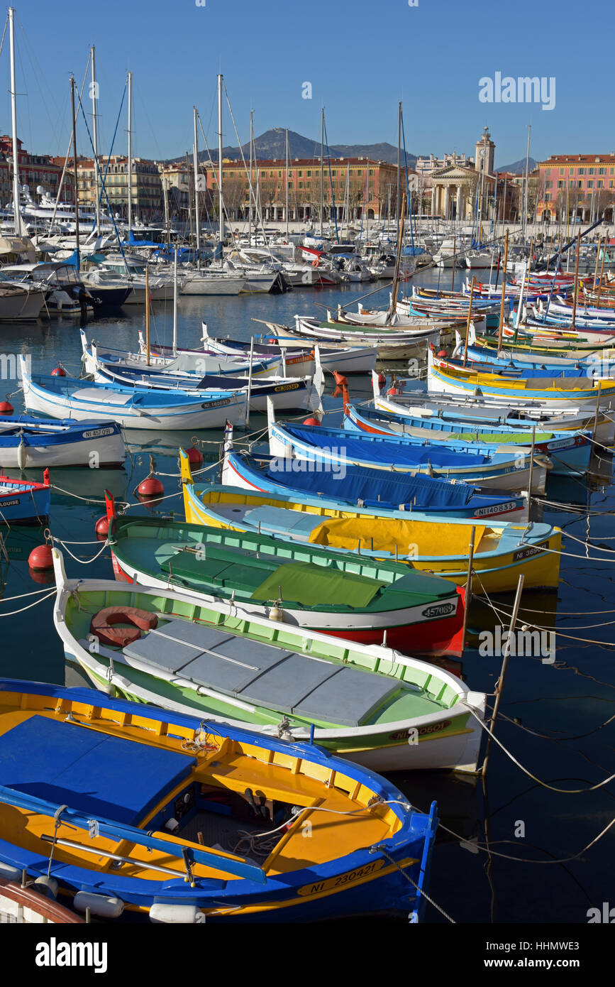 Colorful boats in harbour, Port Lympia, Nice, Provence-Alpes-Côte d'Azur, France Stock Photo